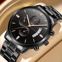 Correa de acero inoxidable business casual calendario reloj de cuarzo para hombres impermeable negro acero fino - details 1