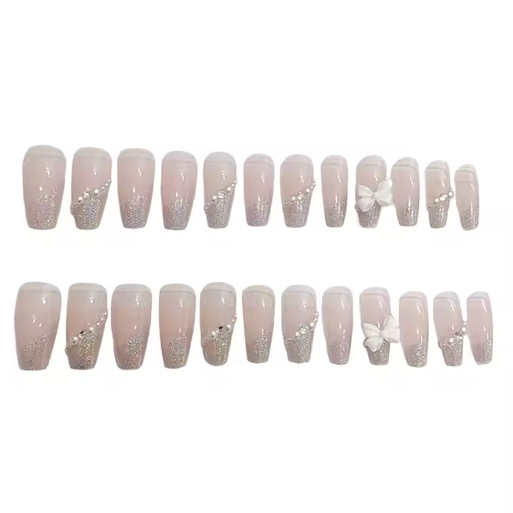Uñas postizas rosas transparentes con borde brillante, decoración de uñas naturales irrompibles, uso sencillo para actuaciones en escenario - 1