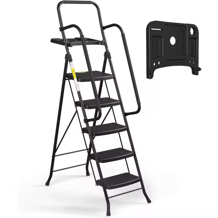 Escalera Plegable de 5 Peldaños con Bandeja Escalera Antideslizante de Acero, Capacidad Máxima 150 kg, Ideal para Casa, Garaje y Obra - 1