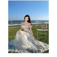 Estilo de vacaciones junto al mar falda con tirantes hilo borde con volantes vestido de playa atmósfera vestido largo elegante ventilador de hadas - details 9