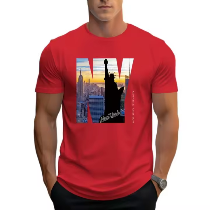 Camiseta de Cuello Redondo para Hombres en Verano Estampado de Horizonte de Nueva York, Frase de Alfabeto, Punto de Poliéster Suave, Ligeña, Ajuste Regular - 1