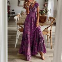 Vestido Floral Ajustado A La Cintura Con Cuello En V De Estilo Bohemio Con Vestidos De Moda Europea Big Swoop Para Mujer - details 1