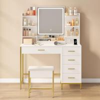 Espejo HD con Luces LED Ajustables Moderno, Blanco-Dorado, 5 Cajones y 10 Compartimentos, Enchufable y USB - details 0