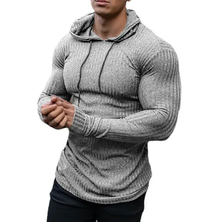 New Fashion Spring Autumn Hooded Sweaters Men Thin Knitted Gym Clothing Slim Fit Pullover Man Classic Ribbed Knit Hoodie Jumper - 1