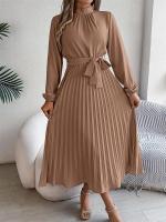 Vestido plisado elegante con cuello levantado y manga larga y cintura cerrada para mujer, vestido largo de Otoño Invierno - details 22