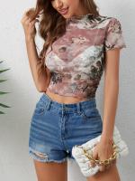 Nueva camiseta de manga corta elegante con estampado de malla, camisetas de manga corta con ribete de oreja de madera para mujeres - details 3