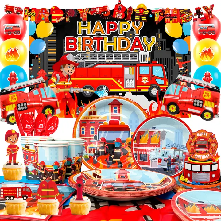 Suministros de Fiesta de Coche de Fuego Juego de Mesa de 114 Piezas Decoración de Fiesta de Aniversario Temática de Bombero Globos, Platos, Tazas, Servilletas - 1