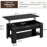 Mesa de Café Elevable y Extensible con Revistero 98x50x(41,8-56) cm Mueble para Sala de Estar y Comedor - details 65