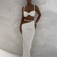 BUNO-Conjunto de 2 piezas de tejido para mujer, camisolas cortas plisadas lisas impresionantes + faldas largas de cintura alta, traje de vacaciones de tendencia femenina - details 33