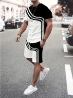 Traje de moda de verano para hombre, conjunto de pantalones cortos de playa informales, camiseta de manga corta a rayas con estampado 3D, trajes de 2 piezas con cuello redondo, ropa para hombre - details 1