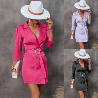Vestido de traje informal para mujer, chaqueta de manga de tres cuartos, cuello en V, botones, Rosa S - details 0