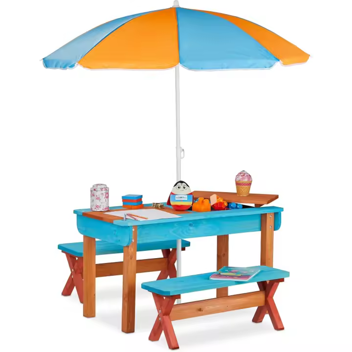 Mobiliario Infantil para jardín, Conjunto con Mesa, Dos Bancos y sombrilla, Muebles de Exterior, Madera, Multicolor - 1
