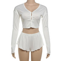 BUNO-Conjunto informal de 2 piezas de gato extraño para mujer, Tops cortos de manga larga con una botonadura y volantes, Mini traje corto sencillo y fino, tendencia de otoño - details 9