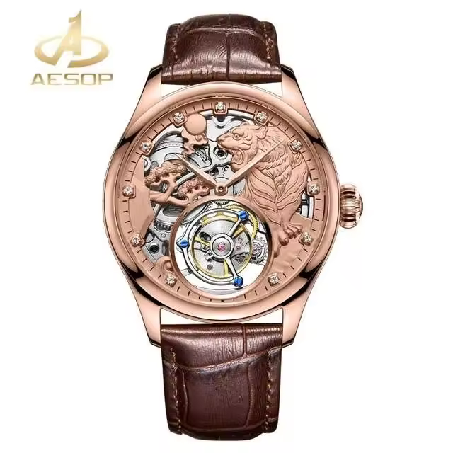 Reloj Mecánico de Lujo AESOP Skeleton Tourbillon Dorado Reloj Automático Impermeable con Correa de Cuero Categoría de Formal para Hombres - 1
