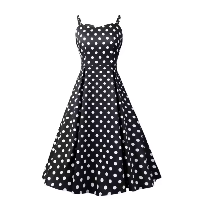 Vestido estampado con tirantes, estampado de lunares, ceñido a la cintura, falda con vuelo grande, falda de longitud media - 1
