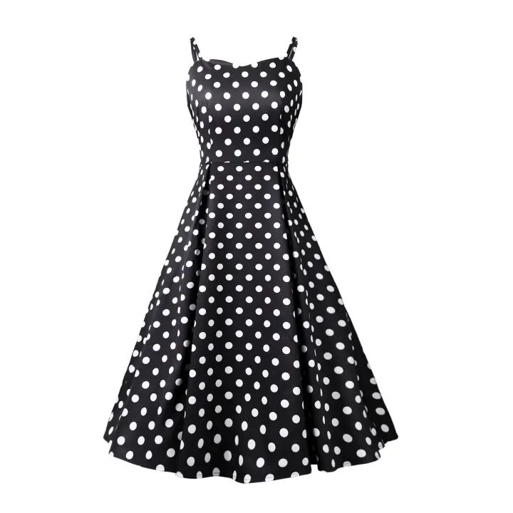 Vestido estampado con tirantes, estampado de lunares, ceñido a la cintura, falda con vuelo grande, falda de longitud media - 1