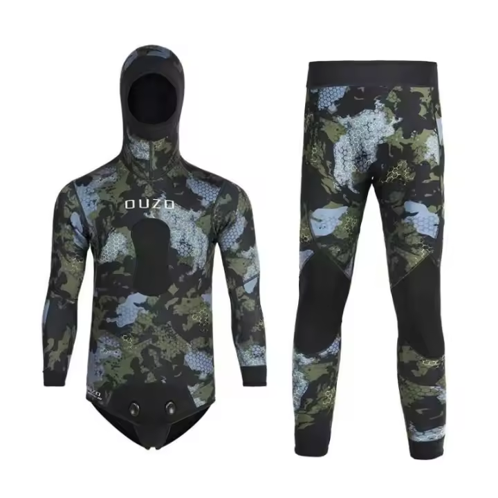 Traje de neopreno para hombre de 3MM con capucha súper elástico, traje de buceo de caza de camuflaje de 2 piezas para snorkeg de apnea de agua fría - 1
