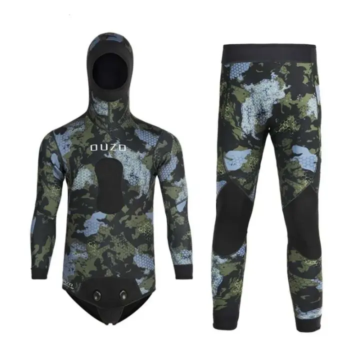 Traje de neopreno para hombre de 3MM con capucha súper elástico, traje de buceo de caza de camuflaje de 2 piezas para snorkeg de apnea de agua fría - 1