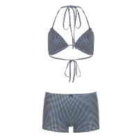 Conjunto de dos piezas de bikini a rayas sexy estilo vacacional americano Lianlianbuwang, top halter y shorts para chica atractiva - details 28