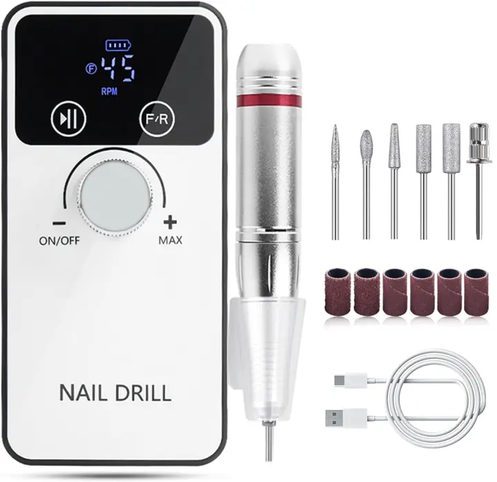 Taladro de uñas eléctrico 6 en 1 con lima de uñas de doble cara Tablero de esmeril Juego de manicura inalámbrico de 45000 RPM para gel acrílico Molinillo de uñas recargable de 2000 mAh Herramienta de uñas profesional LCD - 1