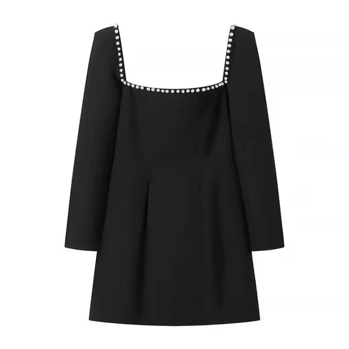Mini vestido negro corto de manga larga, cuello cuadrado y perlas para fiesta - 1