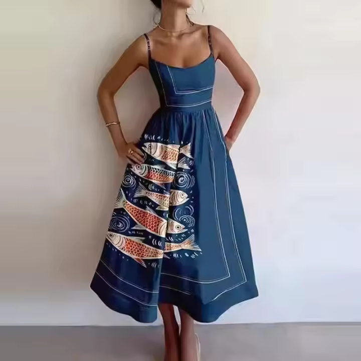 Verano Boho mujer moda pescado y camarón estampado cuello en U cintura plisada con tirantes grandes vestido Maxi Vestidos - 1