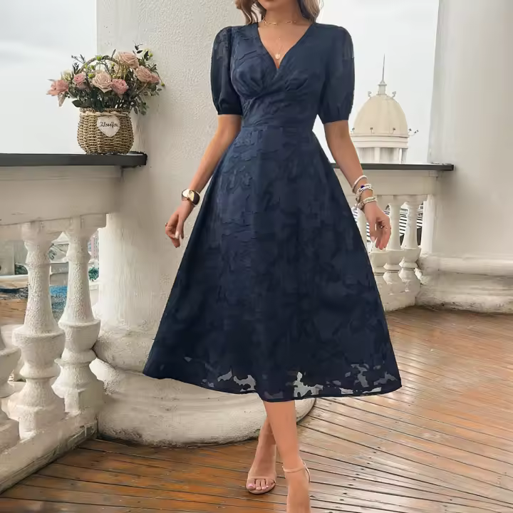 Vestido Retro Elegante para Mujer 2025 Cinturón Alto con Cuello en V y Manga Corta - 1