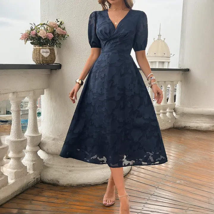 Vestido Retro Elegante para Mujer 2025 Cinturón Alto con Cuello en V y Manga Corta - 1