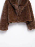 TRAFZA-Chaqueta de piel sintética para mujer, abrigo holgado de manga larga con cuello vuelto, color liso, informal, para invierno, 2024 - details 11