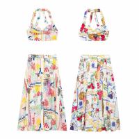 TRAFZA-Conjunto de 2 piezas para mujer, minitop con tirantes y botones estampados, sin mangas, Espalda descubierta, Falda Midi elegante de cintura alta para playa - details 2