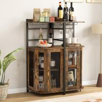 Armario de Esquina con Soporte de Copas, Mueble Bar con Puertas de Malla Metálica, Aparador de Vino con Estante Ajustable, Botellero Esquinero para Cocina, Comedor, 48 x 48 x 130 cm (Marrón) - details 1