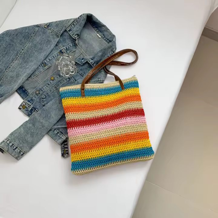 Bolso de Playa Tejido de Arcoiris 2024 Bolso de Primavera de Gran Capacidad para Mujeres - 1