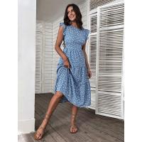 Vestido largo elegante de corte en A floral de cintura alta sin mangas con cuello redondo retro de verano para mujer. - details 2