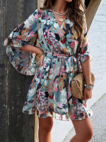Vestido de primavera y verano para mujer, Media manga, estampado de flores, elegante cuello en V, informal, línea A, hasta la rodilla, cintura alta - details 22