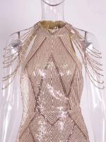 Vestido de noche de fiesta con lentejuelas elásticas y cuello redondo, sin tirantes, dorado - details 14