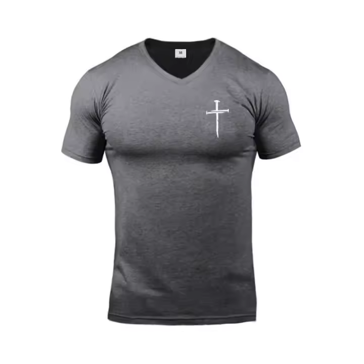 Camiseta de manga corta con cuello en V para hombre, prenda deportiva de algodón, ajustada, transpirable, para correr al aire libre - 1