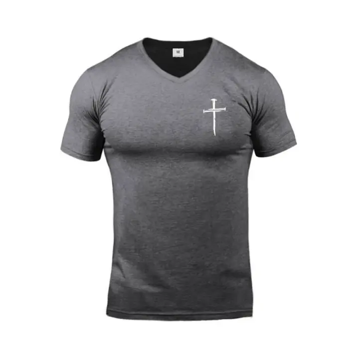 Camiseta de manga corta con cuello en V para hombre, prenda deportiva de algodón, ajustada, transpirable, para correr al aire libre - 1