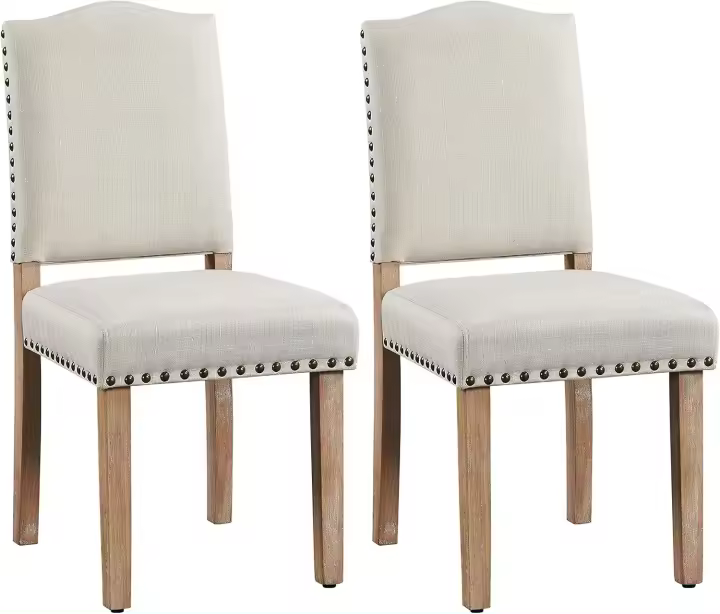 2PCS de Sillas de Comedor de Respaldo Alto, Sillas de Cocina, Patas de Madera Maciza, Diseño Clásico, Reposabrazos con Botones de Bronce y Asientos Acolchados Beige - 1