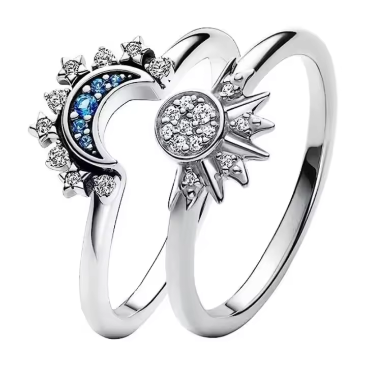 Anillo de Cristal Celestial Azul Brillante Luna Sol Estrella para Mujer Elegante - 1