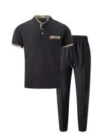 Conjunto de trajes para hombre, Polo tipo gofre + Pantalones con bolsillo, Tops de manga corta con cuello levantado, Color sólido, verano 2025 - details 4