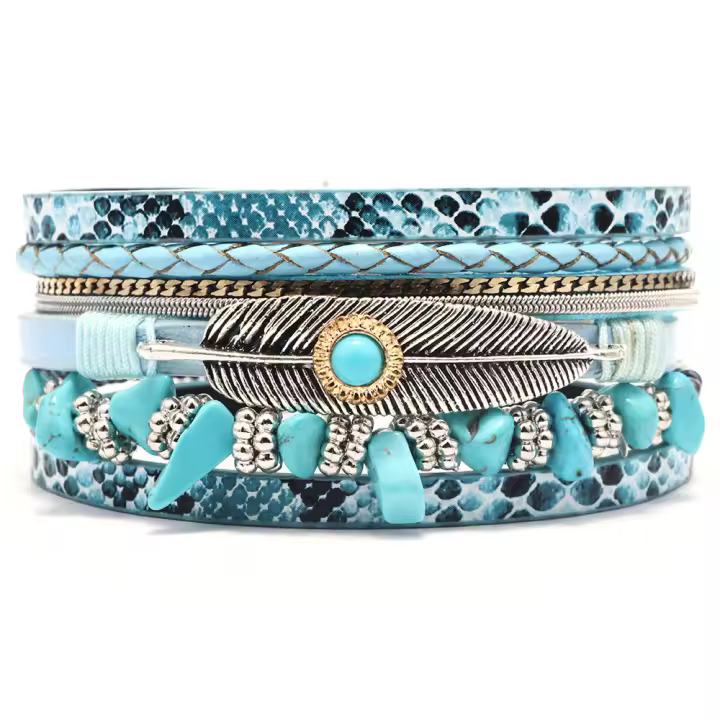 Pulsera Vintage de Pluma y Cuero con Turquesa Joyería y Bisutería para Mujeres - 1