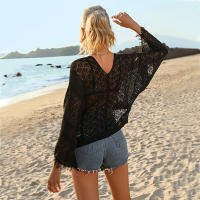 Vestido playero de ganchillo para mujer: envoltura holgada de bikini de manga larga con lazo de borlas, mangas acampanadas y protección solar - details 6