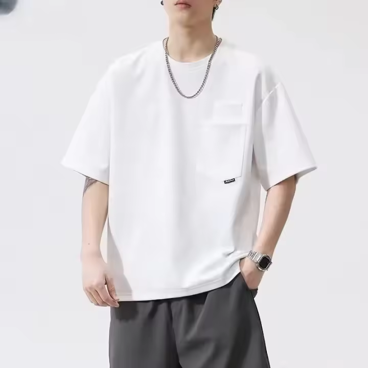 Camiseta de Moda de Verano 2025 Estilo Retro Americano con Diseño de Bolsillo Cuello Redondo Crew - 1