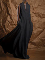 Elegante Vestido de Lino con Cuello en V Profundo Vestido Largo Casual con Estilo Callejero para Mujeres - details 0