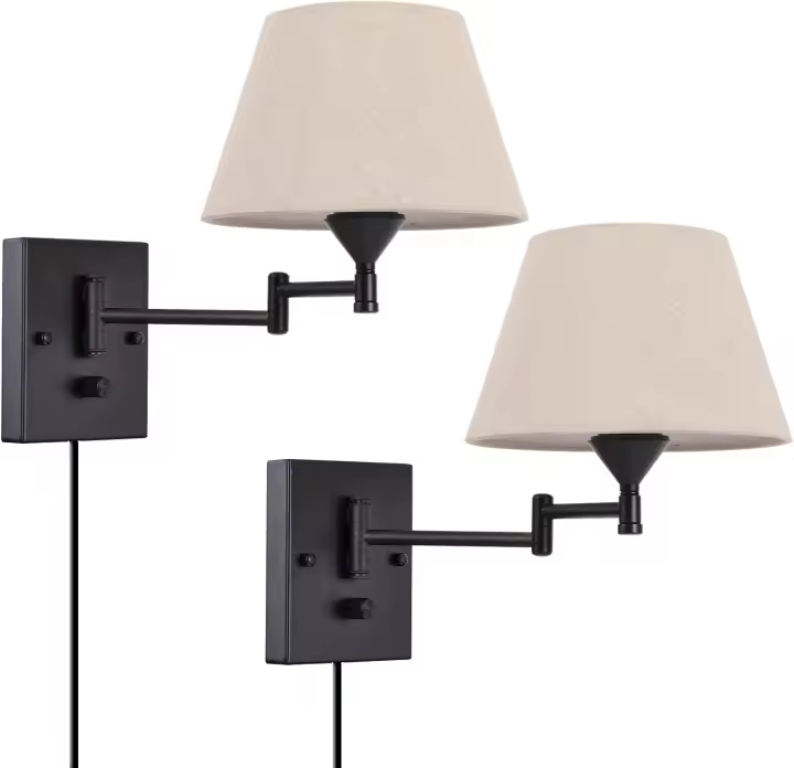 Juego de 2 apliques de pared con brazo oscilante con cable enchufable y pantalla de tela, accesorios de iluminación para pasillo, dormitorio, sala de estar (pantalla beige) - 1