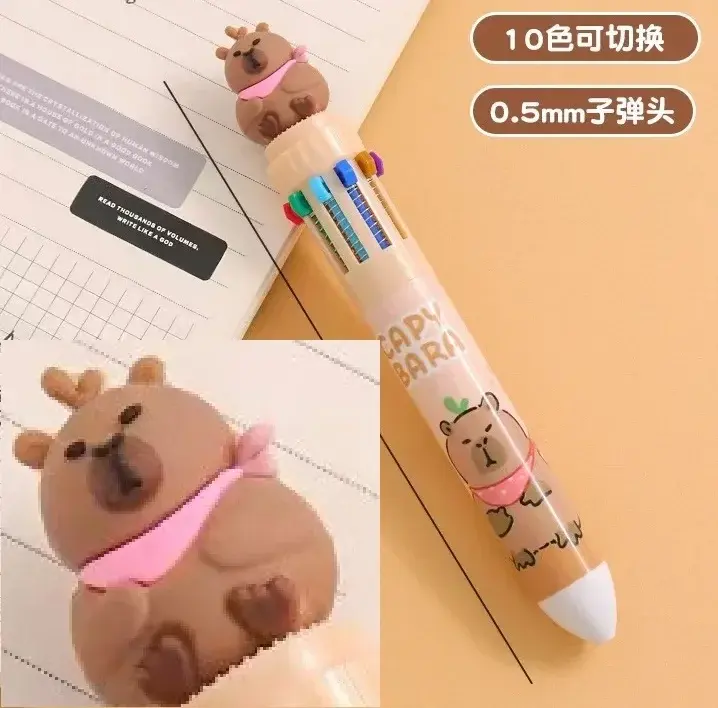 Capybara-10 bolígrafos multicolores Kawaii para niños, bolígrafo de dibujos animados de oso lindo, suministros de oficina escolar, papelería, regalo - 1