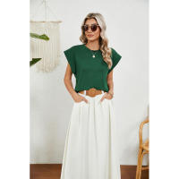 BUNO-2025 Tops para mujer, pantalón corto informal de moda de verano, camisetas básicas con textura a rayas de Color sólido y cuello redondo - details 8