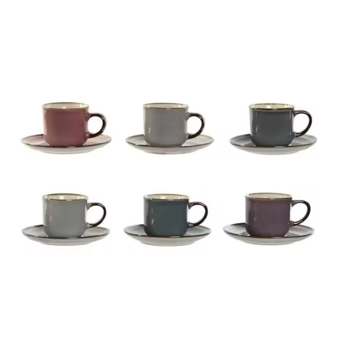Juego de 6 Tazas con Plato Azul Blanco Rosa Granate Gres 165 ml 14 x 14 x 2 cm - 1
