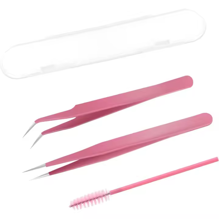 Clip de extensión de pestañas postizas, caja de herramientas, punta curvada rosa, pinza de cola, 3 piezas - 1