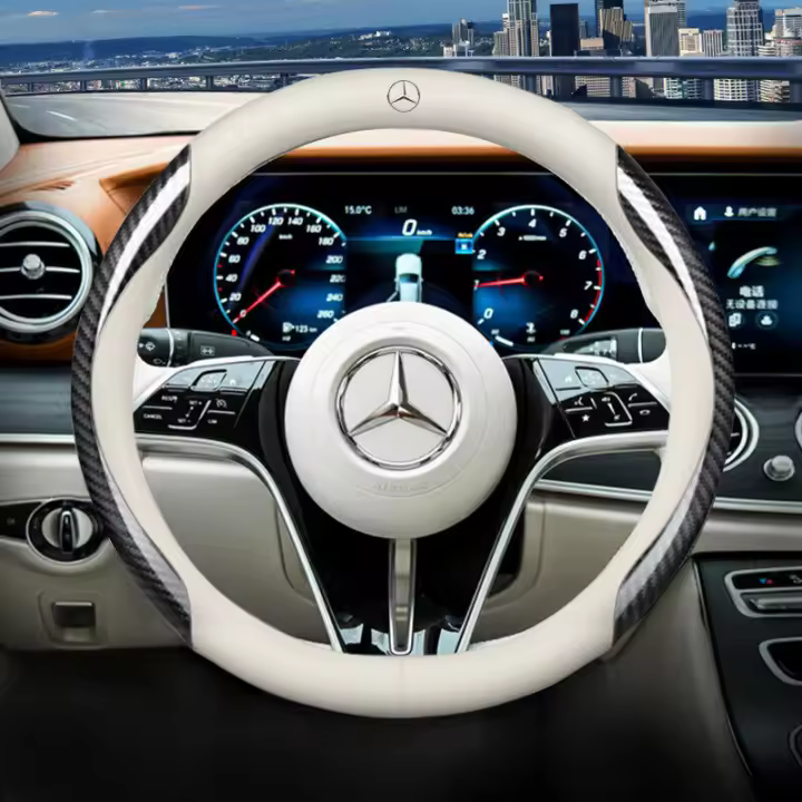 Cubierta de volante de fibra de carbono de 15 ", cuero genuino negro para todos los Mercedes Benz - 1